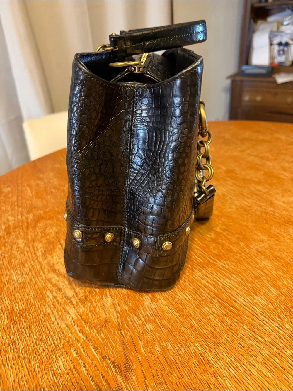 MICHAEL Michael Kors Black Croc-Embossed Satchel with Gold Hardware Accent